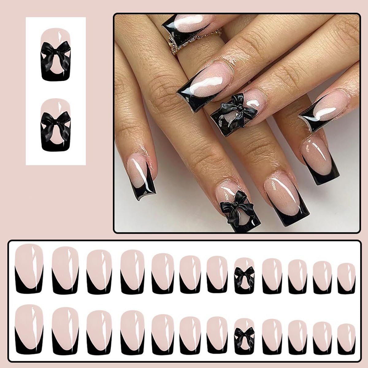 24Pcs Black French Tip Press on Nails Medium Fake Nails Square Shaped Black Bow Glue on Nails Glossy Designs Reusable Artificial Cute Bow False Nails Stick on Nails for Women Girls Acrylic Nails DIY - Image 2