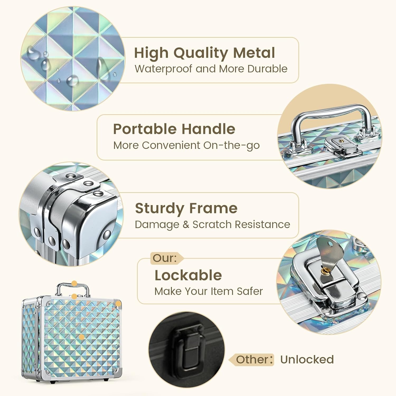 Makeup Case with Magnetic LED Mirror Travel Cosmetic Organizer Portable Makeup Box with Lighted Up Mirror Make Up Vanity Nail Box Lipstick Artist Storage with Lockable Dividers Brush Holder Shiny Blue - Image 6