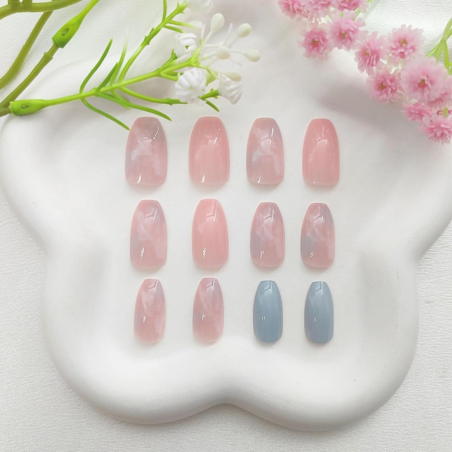 Coffin Press on Nails Short Fake Nails with Marble Designs Acrylic Nails Press ons Glossy Glue on Nails Light Blue Full Cover Artificial Stick on Nails for Women 24Pcs - Image 4
