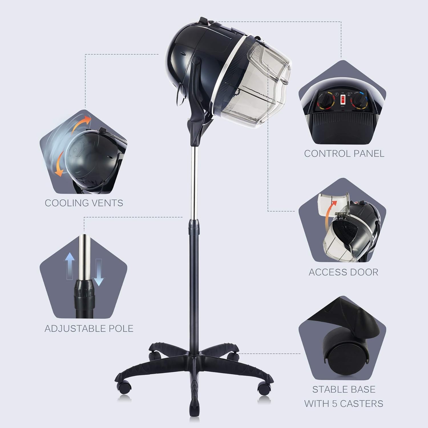 Y-NOT Professional Hairdryer Height Adjustable Hooded Stand Up Bonnet Hair Dryer, Floor Standing Rolling Base with Wheels for Beauty Salon Equipment Home Spa - Image 9