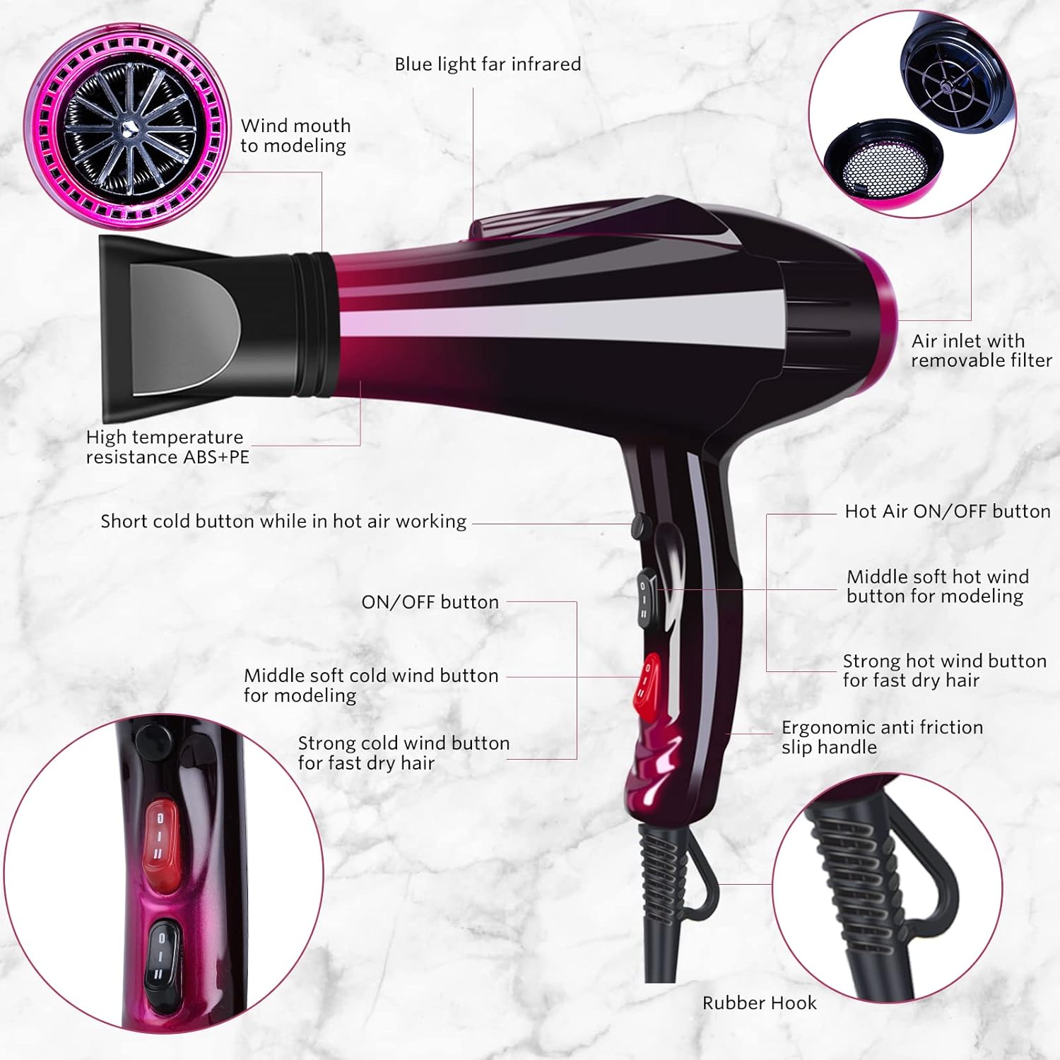 Professional Hair Dryer Ionic Blow Dryer 3500 Watt Powerful Salon Hair Dryers Ceramic Tourmaline Quick Dry Blow Dryer with AC Motor Concentrator Diffuser Attachments - Image 3