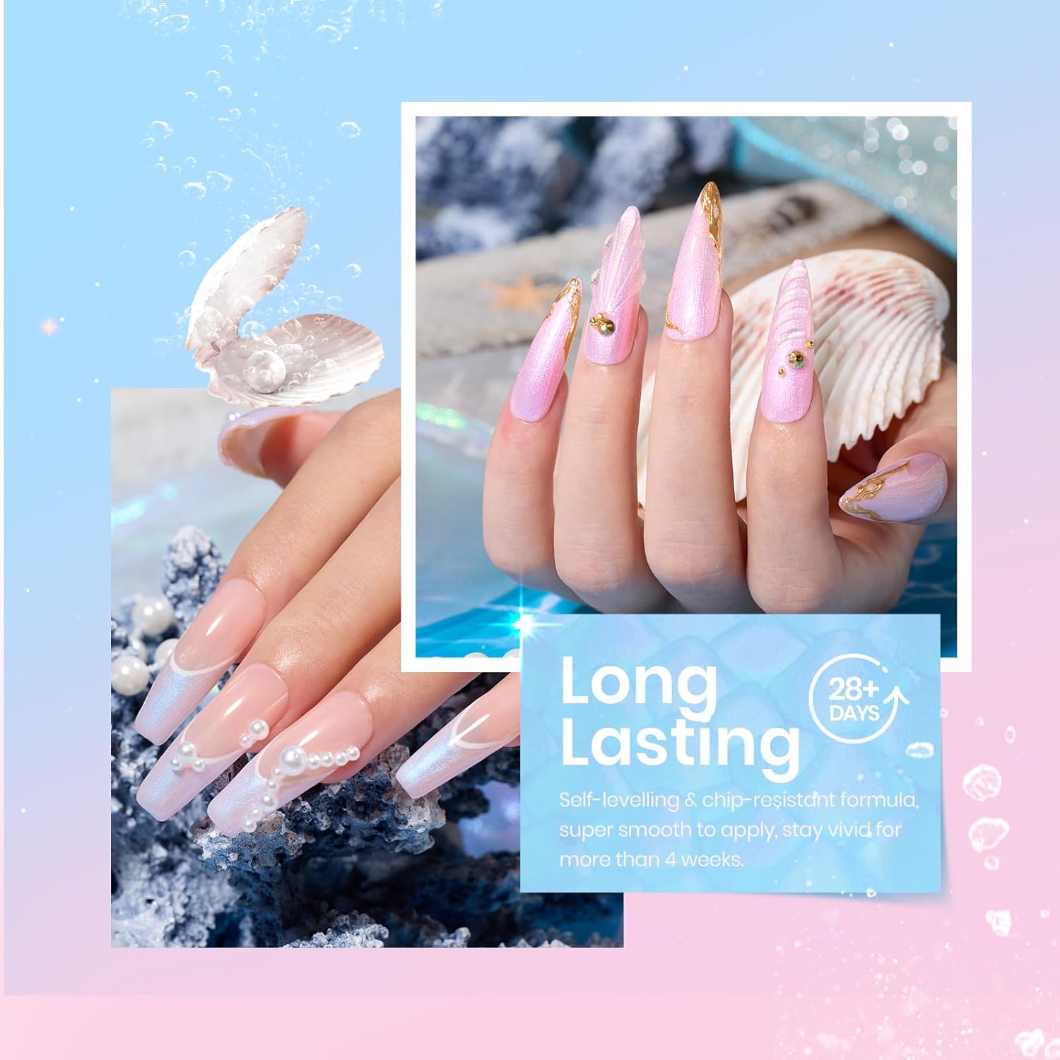 Beetles Shimmer Glitter Gel Nail Polish Set, 6 Colors Pearl White Gel Nail Polish Mermaid Soak Off Uv Led Summer Pink Blue Polish Swirl Thread Effect DIY Manicure Art Gift for Women - Image 5