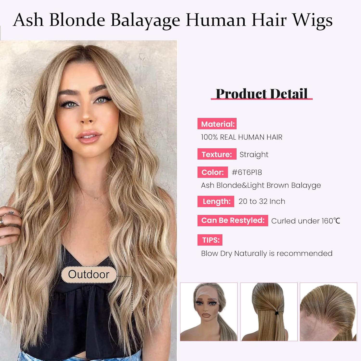 18 Inch Ash Blonde Human Hair Wig 13x4 HD Lace Front 150% Density 18/60 Balayage with Brown Roots - Image 4