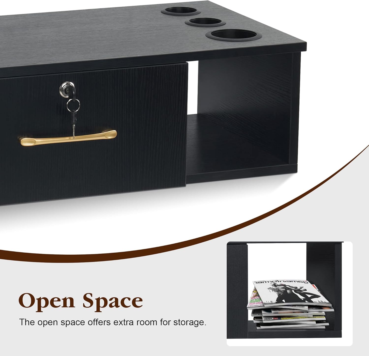 BarberPub Locking Wall Mount Styling Station, Barber Storage Floating Salon Station, Beauty Spa Salon Equipment with Drawers 2206 (Black) - Image 4
