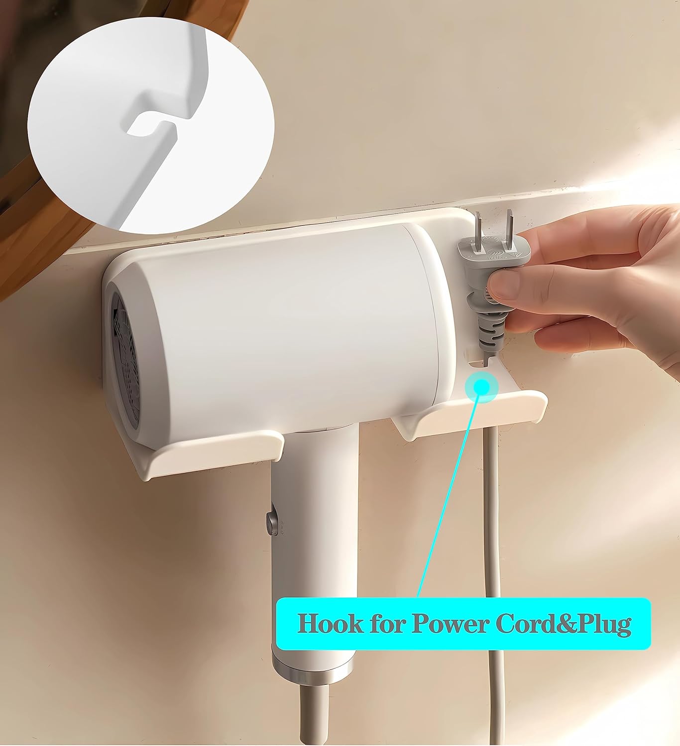 Universal Hair Dryer Holder, Blow Dryer Hanger Wall Mount for Hair Dryer Hook with Plug&Cord Organizer Self Adhesive for Cabinet Bathroom(1 Pack White) - Image 4