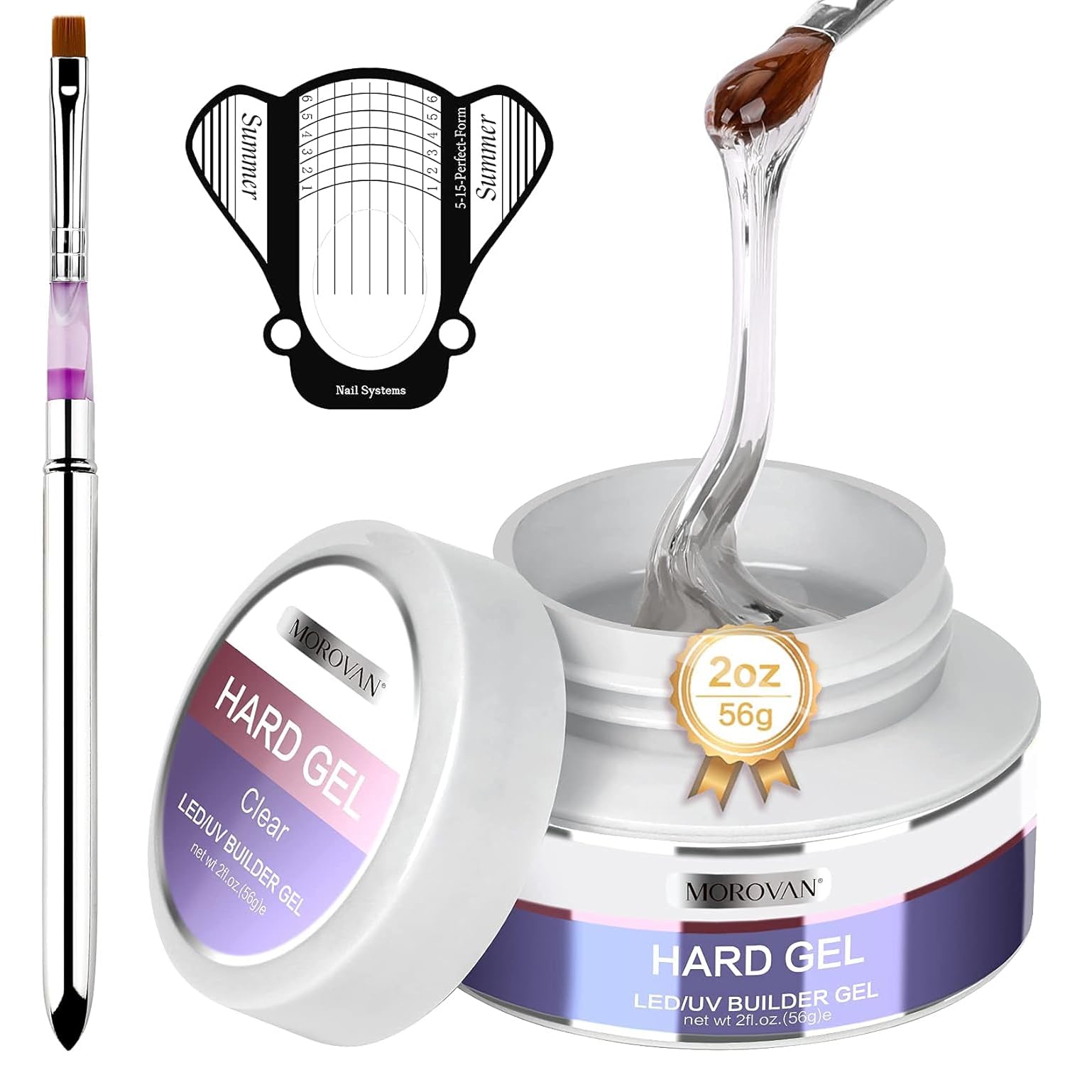 Morovan Clear Builder Gel for Nails: UV/LED Hard Gel Kit - 2oz Strong 3D Sculpting Extension Strengthen Professional Art Manicure Set with Forms & Brush Supplies