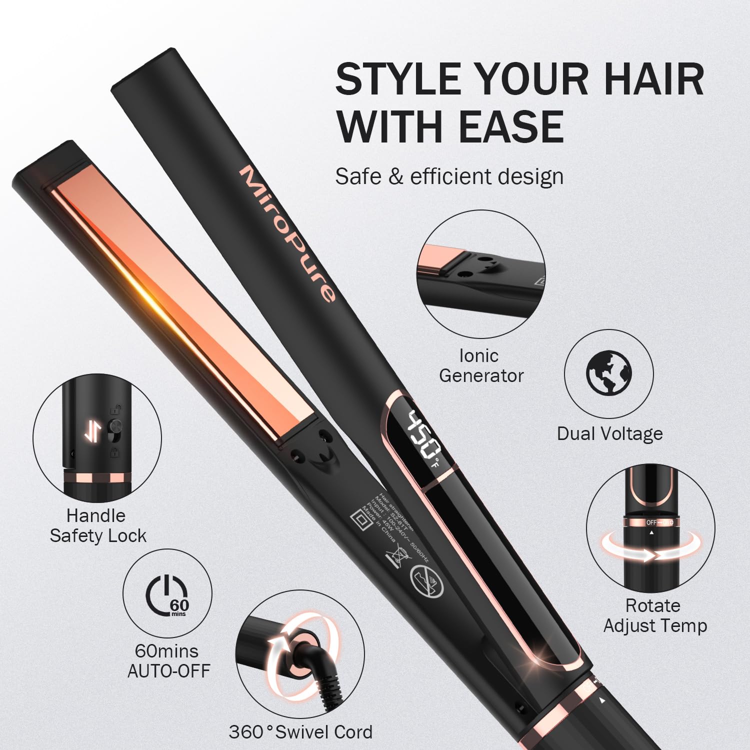 MiroPure Flat Iron Hair Straightener, 1 Inch Titanium Plates Hair Straightener with 15S Heat-up, Professional MCH Ceramic Negative Ion Hair Iron Dual Voltage for Women Hair with Auto Shut-Off - Image 6