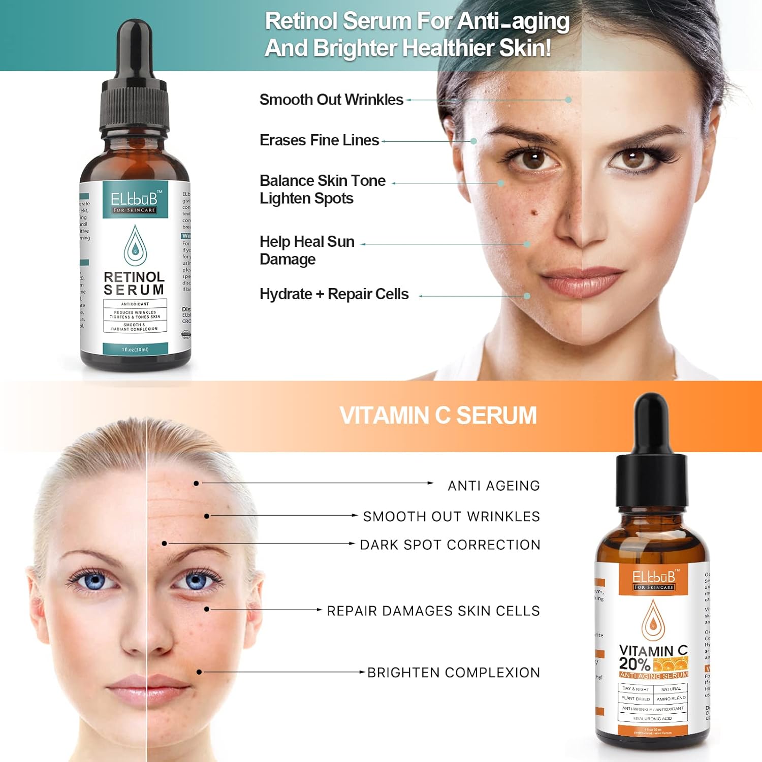 Day-Night Anti Aging Vitamin C Serum Retinol Serum For Face with Retinol & Amino Acids - Boost Skin Collagen,Hydrate & Plump Skin Facial Serum - Image 2