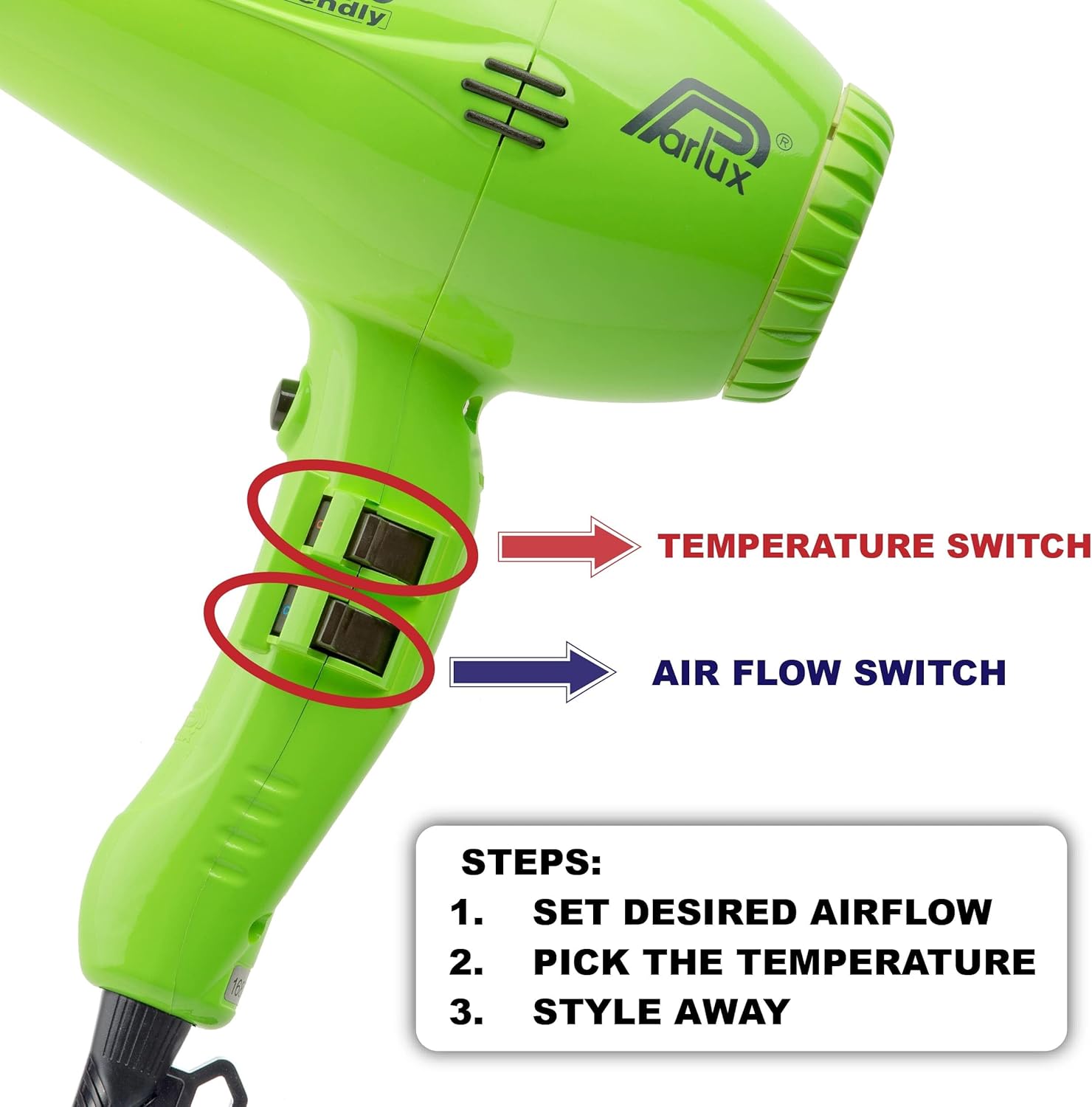 Parlux 3800 Eco Friendly Ionic &z` Ceramic Black Hair Dryer + M Hair Designs Hot Blow Attachment Black (Bundle) – Lightweight, Fast-Drying, Frizz-Control Blow Dryer for Salon-Quality Styling - Image 3