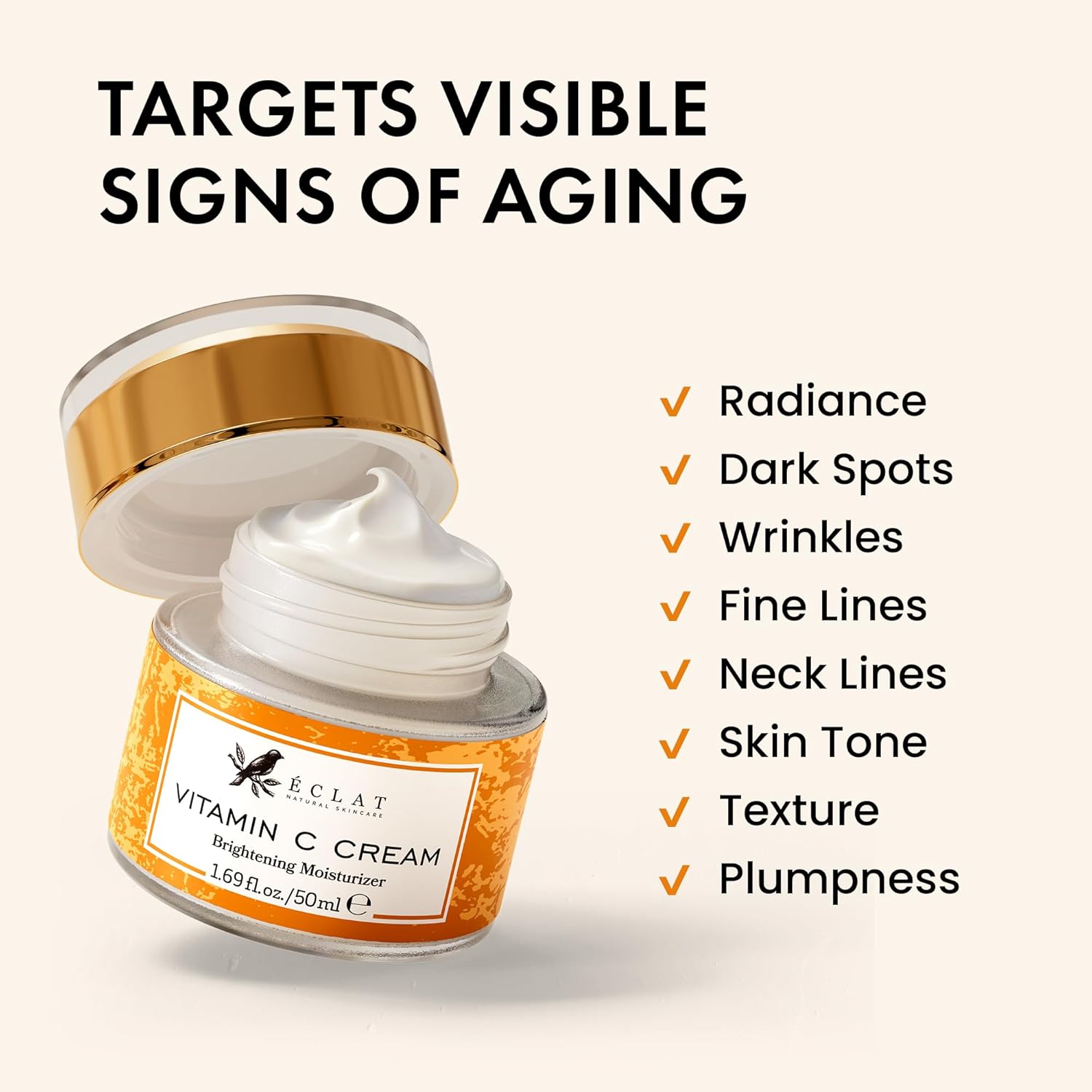 Eclat Skincare Vitamin C Moisturizer for Face with Hyaluronic Acid & Squalane - Face Brightening Cream - Anti Aging, Firming & Hydrating Vitamin C Cream for All Skin Tone 50 ml - Image 2