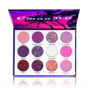 Purple Pink Glitter Eyeshadow Palette - 12 Color Shimmer High Pigmented Powder Lasting Waterproof Colorful Eyeshadow Palette for Girl Women