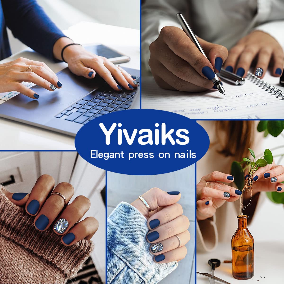 Yivaiks 24 Pcs Yivaiks 24 Pcs Blue nails Short Press on Nails for Women Fake Nails with Glue on Nails Matte stick on nails acrylic nails - Image 3