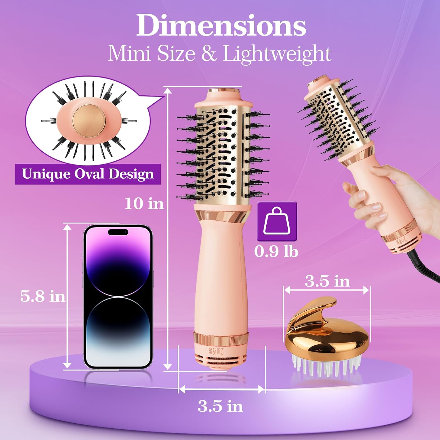 Hair Dryer Brush Blow Dryer Brush in One, 4-in-1 Hair Dryer Brush Blow Dryer with Oval Barrel, Mini Hot Air Brush for All Hair Types(Pink) - Image 3
