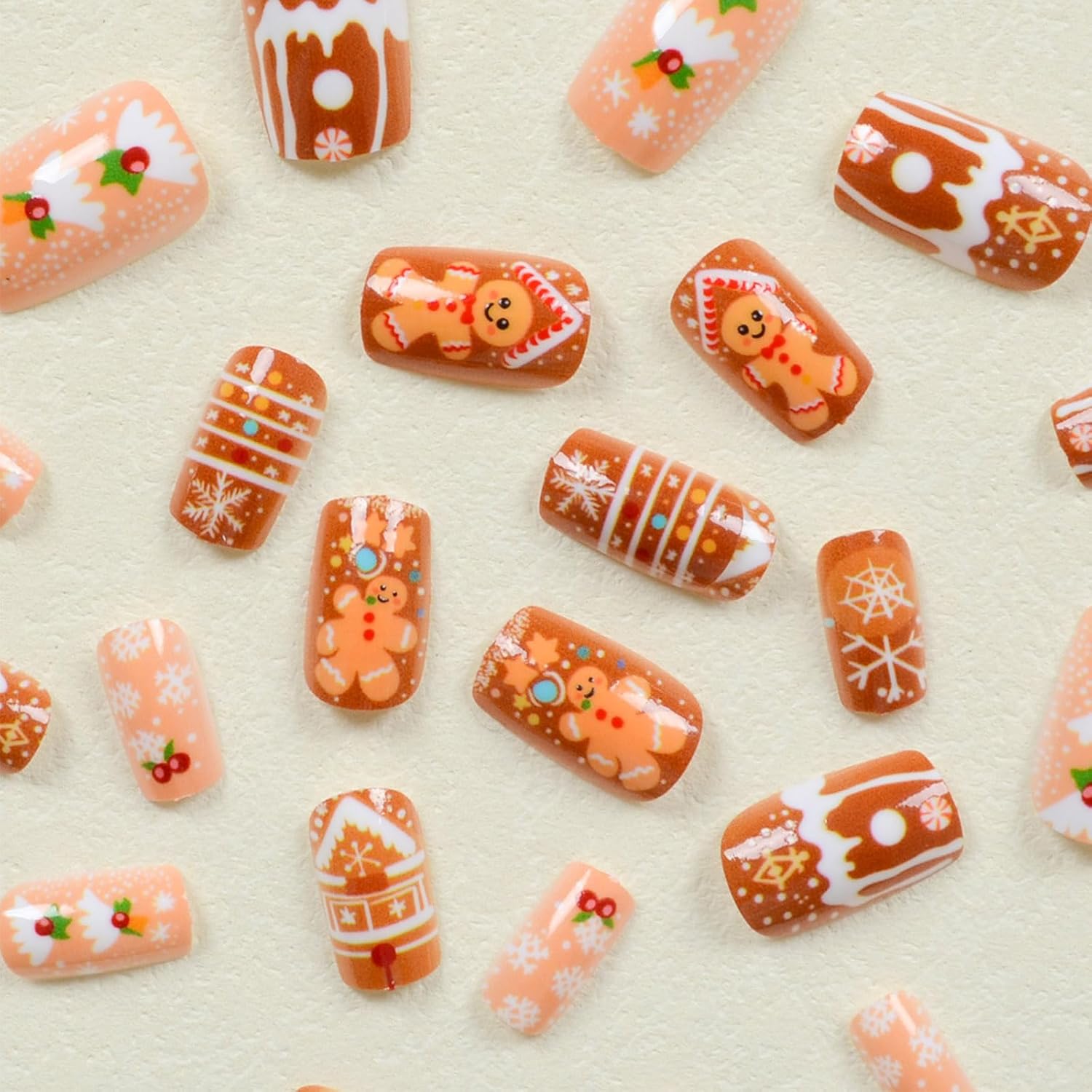 Cartoon Christmas Gingerbread Press on Nails Snowflake Fake Nails 24Pcs Medium Square Glossy Brown Room Acrylic False Nails Xmas Snowing Gel Glue on Nails Cherry Stick on Nails for New Years Gift - Image 3