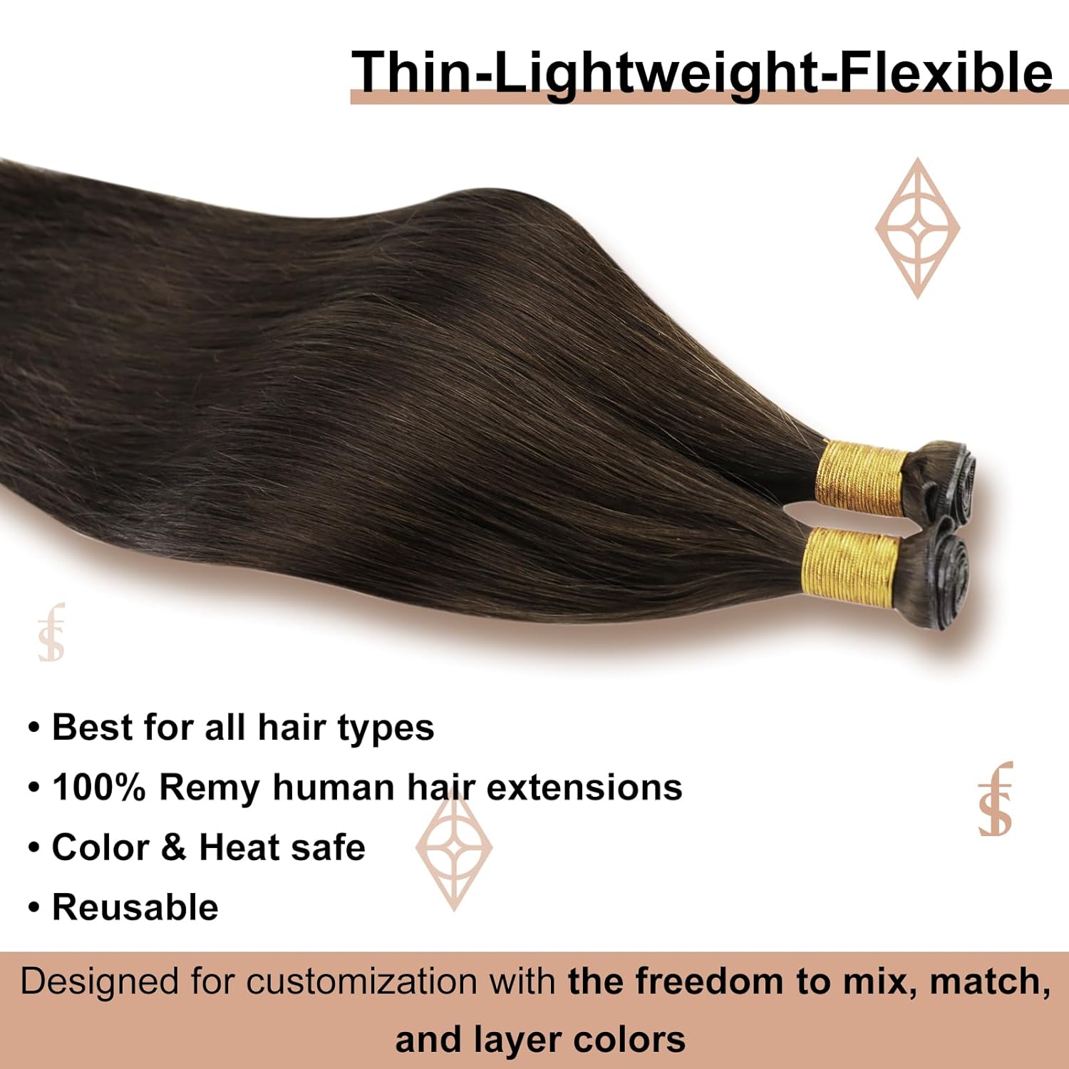 Full Shine Sew in Hand Tied Weft Hair Extensions Weft Extensions Human Hair Remy Human Hair Dark Brown Wefts Brazilian Hair For Women Invisible Weave Color #2 60 Gram 22 Inch - Image 2