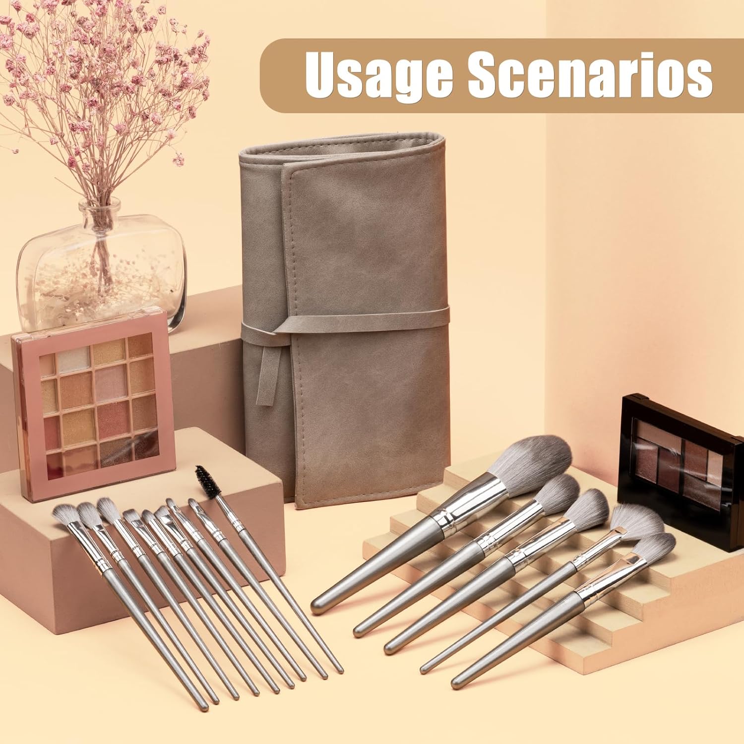 14 Pcs Makeup Brush Set, Professional Eye and Face Foundation Brush Set, Eyeshadow Brushes, Cosmetic Brushes, with Pu Bag, Grayish - Image 7