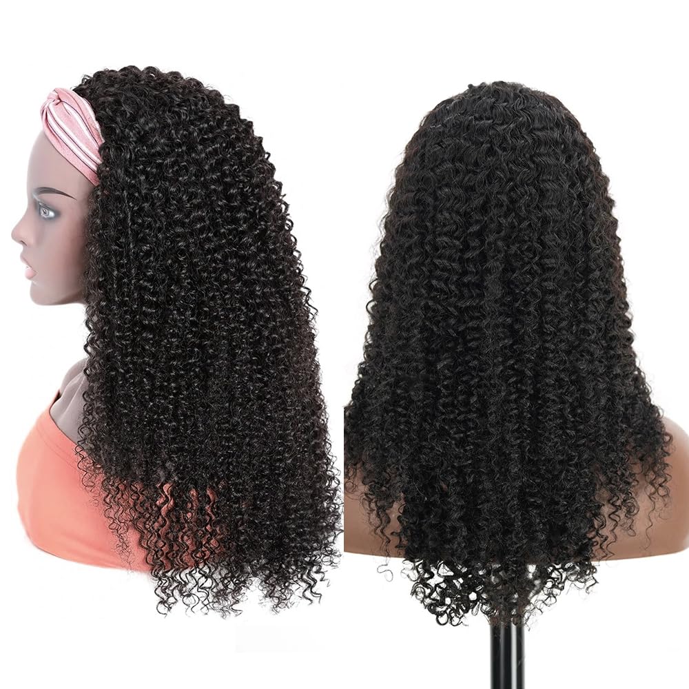 XSY Headband Wig Human Hair 20 Inch Kinky Curly Headband Wigs for Black Women Glueless No Lace Front Wig Brazilian Virgin Human Hair 150% Density Natural Black Color - Image 5