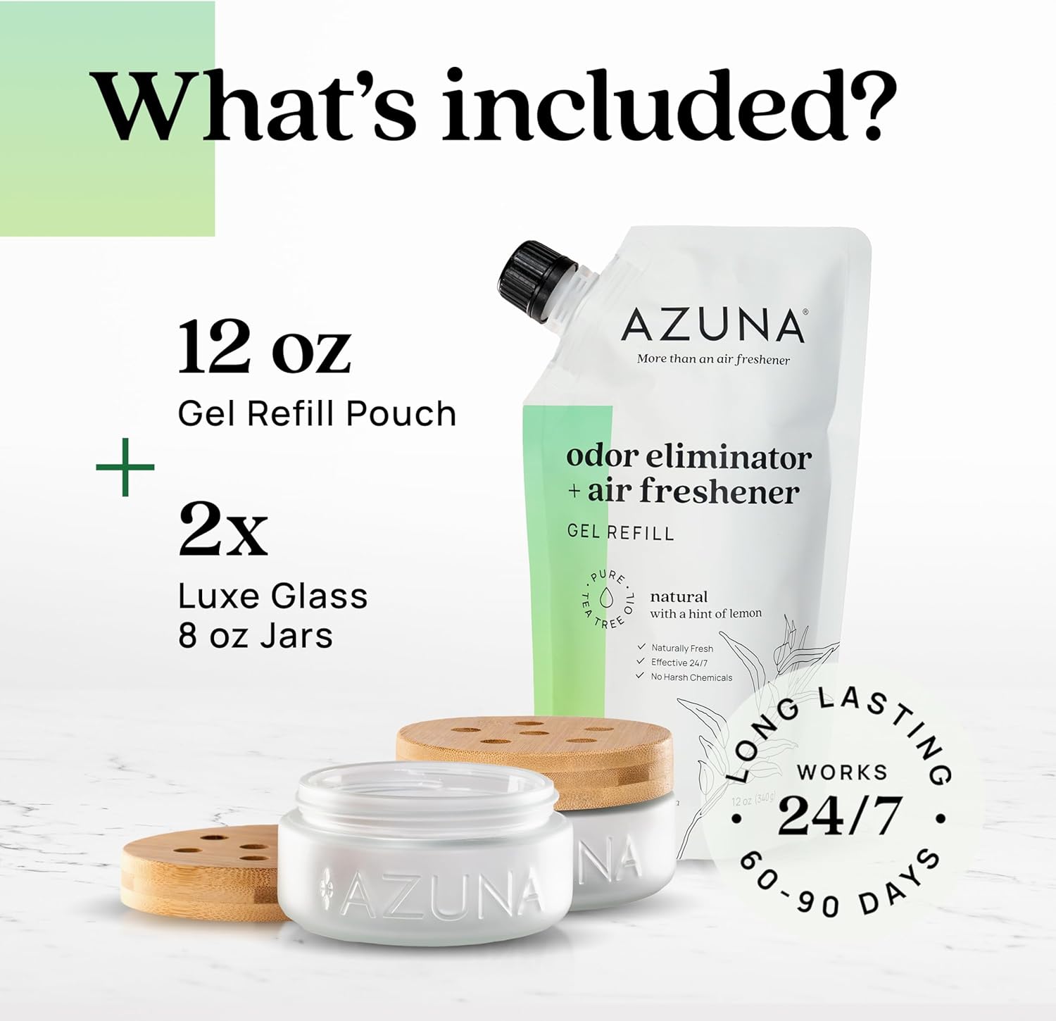 Azuna Air Freshener & Odor Eliminator for Strong Odor | 2 Room Kit Includes (2) 8 oz. Empty Luxe Glass Jars & 12 oz | Refill with Tea Tree Essential Oil Gel | Natural Scent | Last 60-90 Days - Image 6