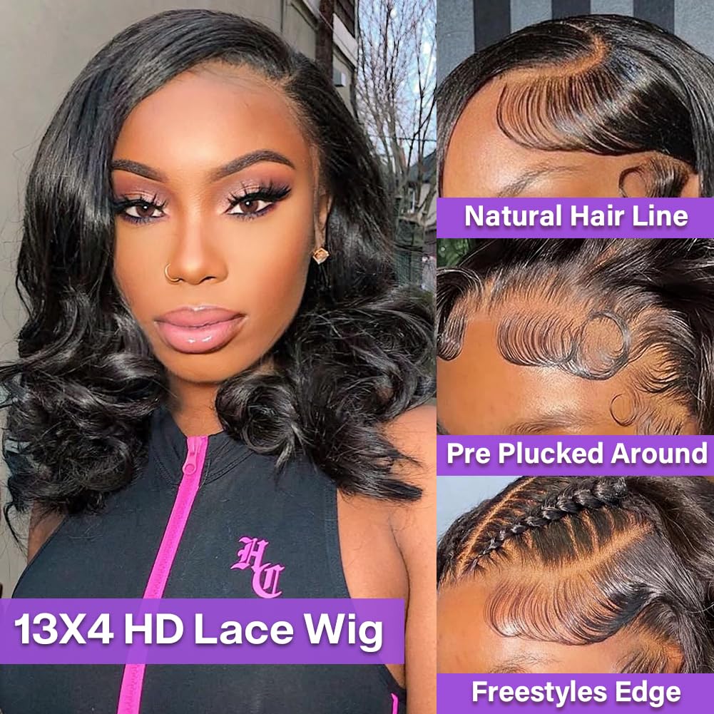 Hihmarm Body Wave Bob Wig Human Hair 13x4 HD Lace Front Wigs Human Hair Pre Plucked 180% Density Glueless Wig Bob Wigs for Black Women Body Wave Lace Frontal Wigs Human Hair Natural Black 14 Inch - Image 2