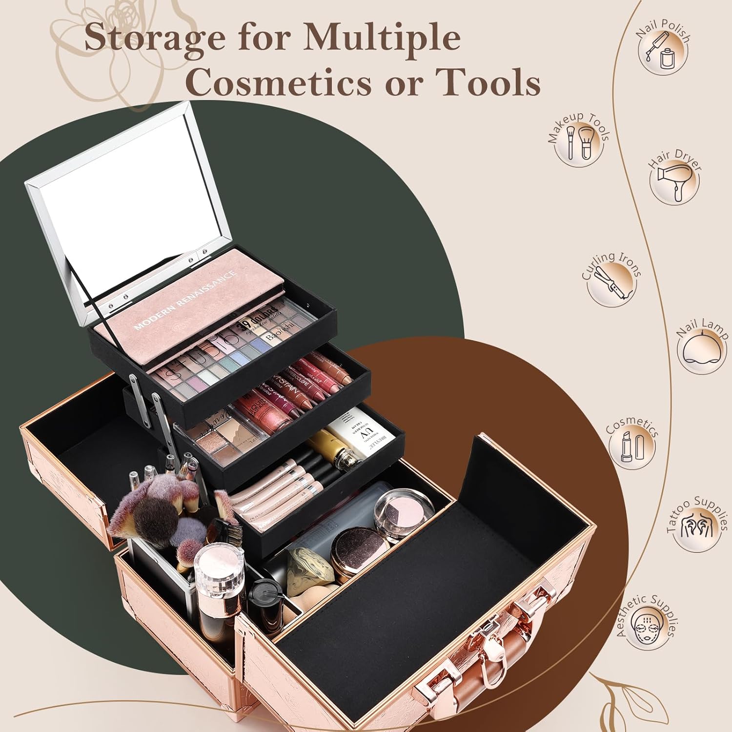 FRENESSA Makeup Case 11.8 Inch Makeup Organizer Case Large Cosmetic Box with Mirror Portable 3 Trays Travel Storage Box for Make Up Artist Nail Tech Kits Cosmetology Case 3D Rose Gold Floral - Image 3