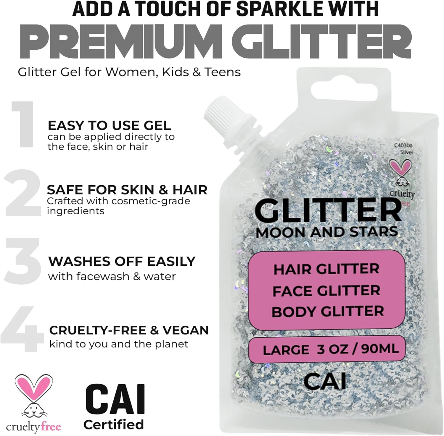Hair Glitter Gel; Body Glitter & Face Glitter for Women/Kids (Large 3 Oz Silver) Moon & Stars; Iridescent Holograph Cosmetic Grade- Apply Without Glue, Easy to Take Off Keeps Skin Clean - Image 6