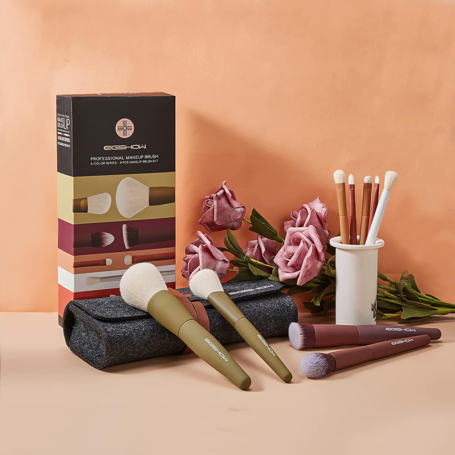 Makeup Brushes, EIGSHOW 5 Colors Essential Kabuki Makeup Brush Set with Ultra Soft Synthetic Fibers for Powder Blush Concealers Contouring Highlighting - Image 7