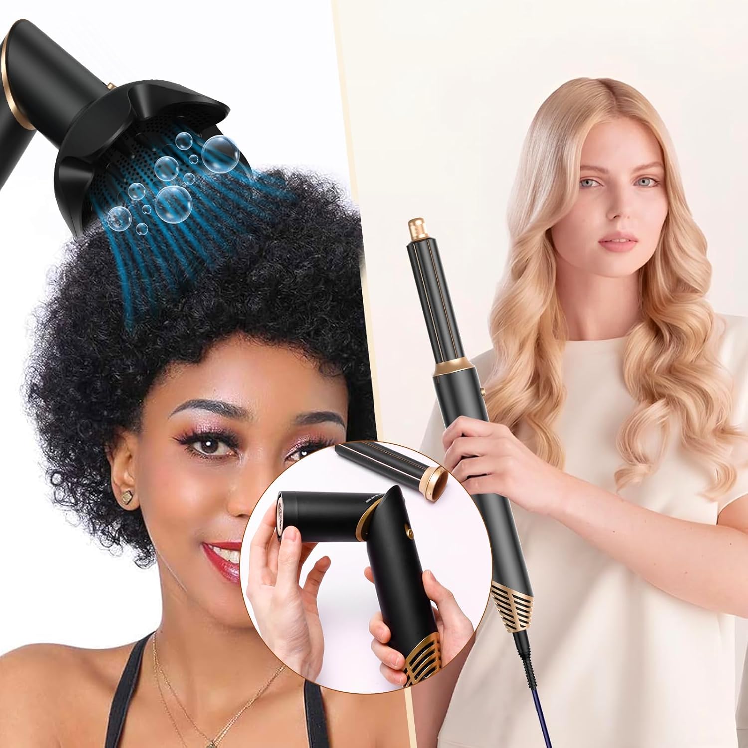 6 in 1 Hair Dryer Brush, Foldable Blow Dryer Brush with Wrap Curler, Detachable Air Hair Styler Curling, Drying,Volumizing, Straightening, Negative Ionic Hair Dryer with Diffuser, Hair Styling Tools - Image 5
