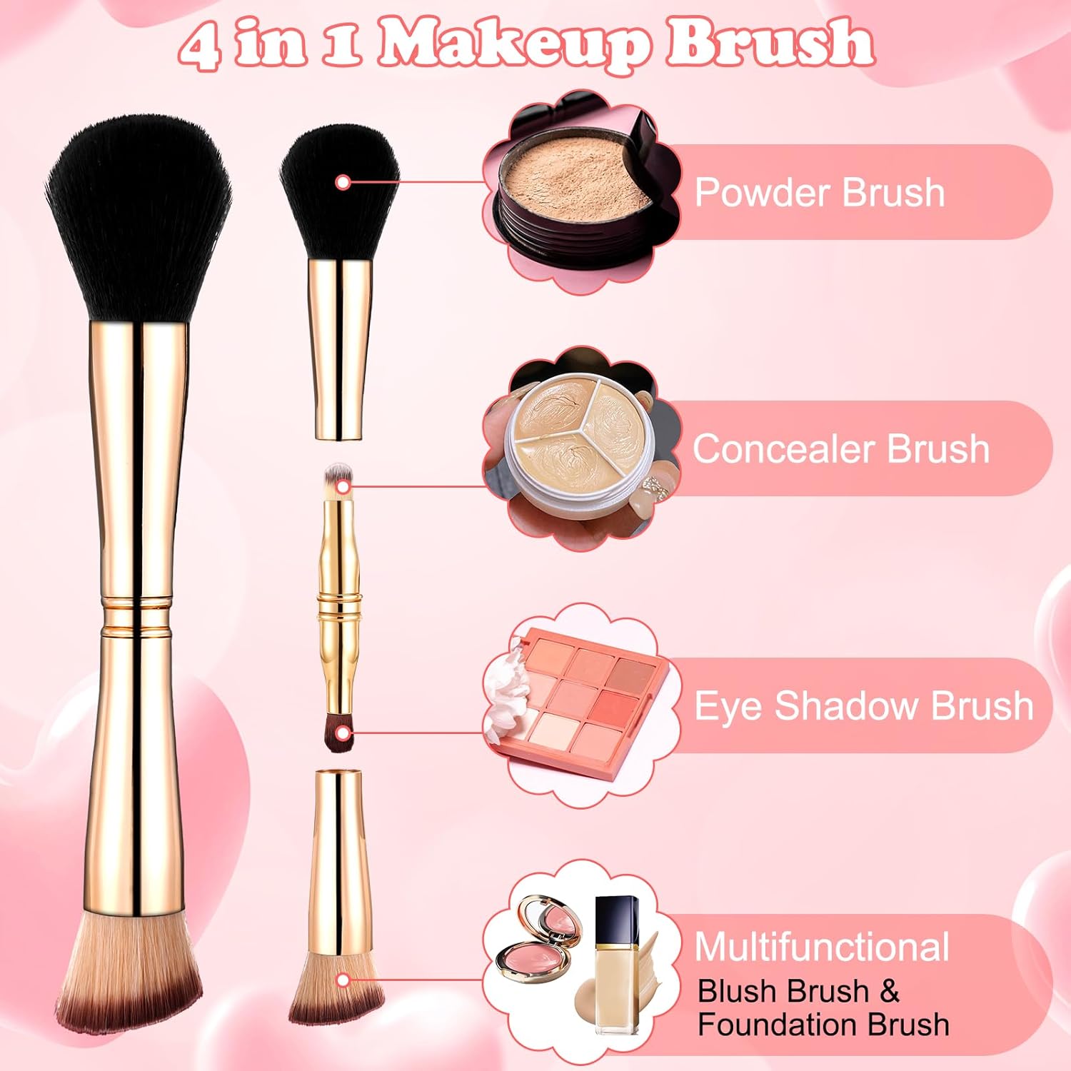 4-in-1 Travel Makeup Brush Set with Case, Dual-Ended Mini Brushes for Foundation, Blush, Eyeshadow, Concealer, Gold - Image 3