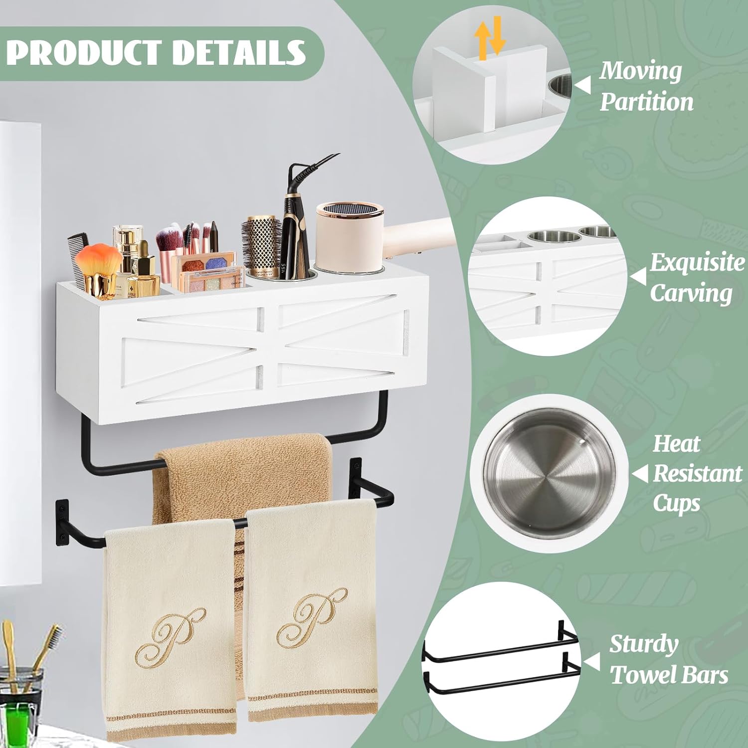 Hair Dryer Holder Wall Mount, Wood Hair Tool Organizer, White Hot Tools Organizer with 2 Towel Bars, Rustic Bathroom Organizer Blow Dryer Holder for Bathroom Decor, Flat Iron, Curling Wand, Brushes - Image 6