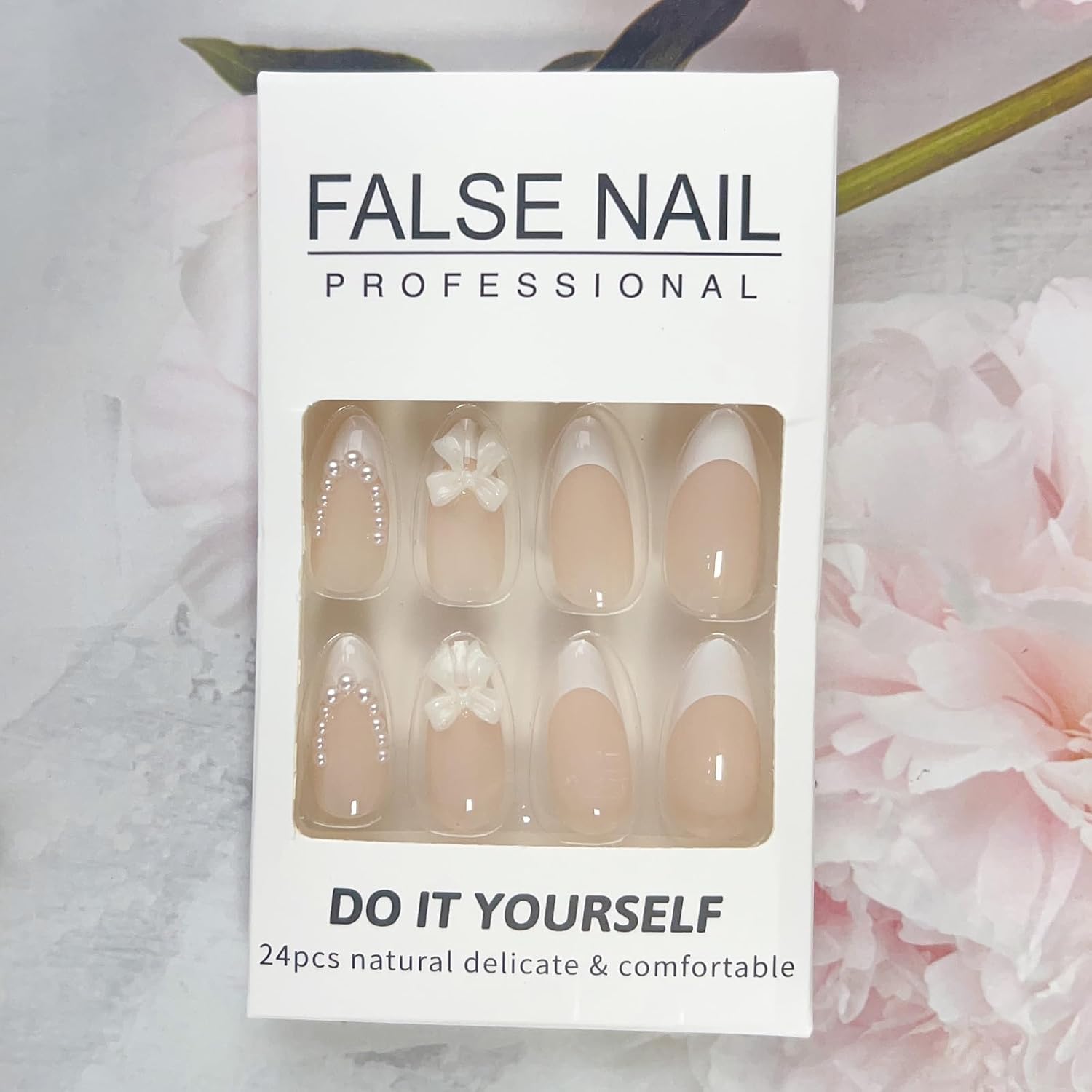 White French Tip Press on Nails Almond Medium Fake Nails with Charms 3D Bow Pearl Acrylic False Nails Cute Artificial Nails Press ons Reusable Glue on Nails for Women and Girls 24Pcs - Image 6