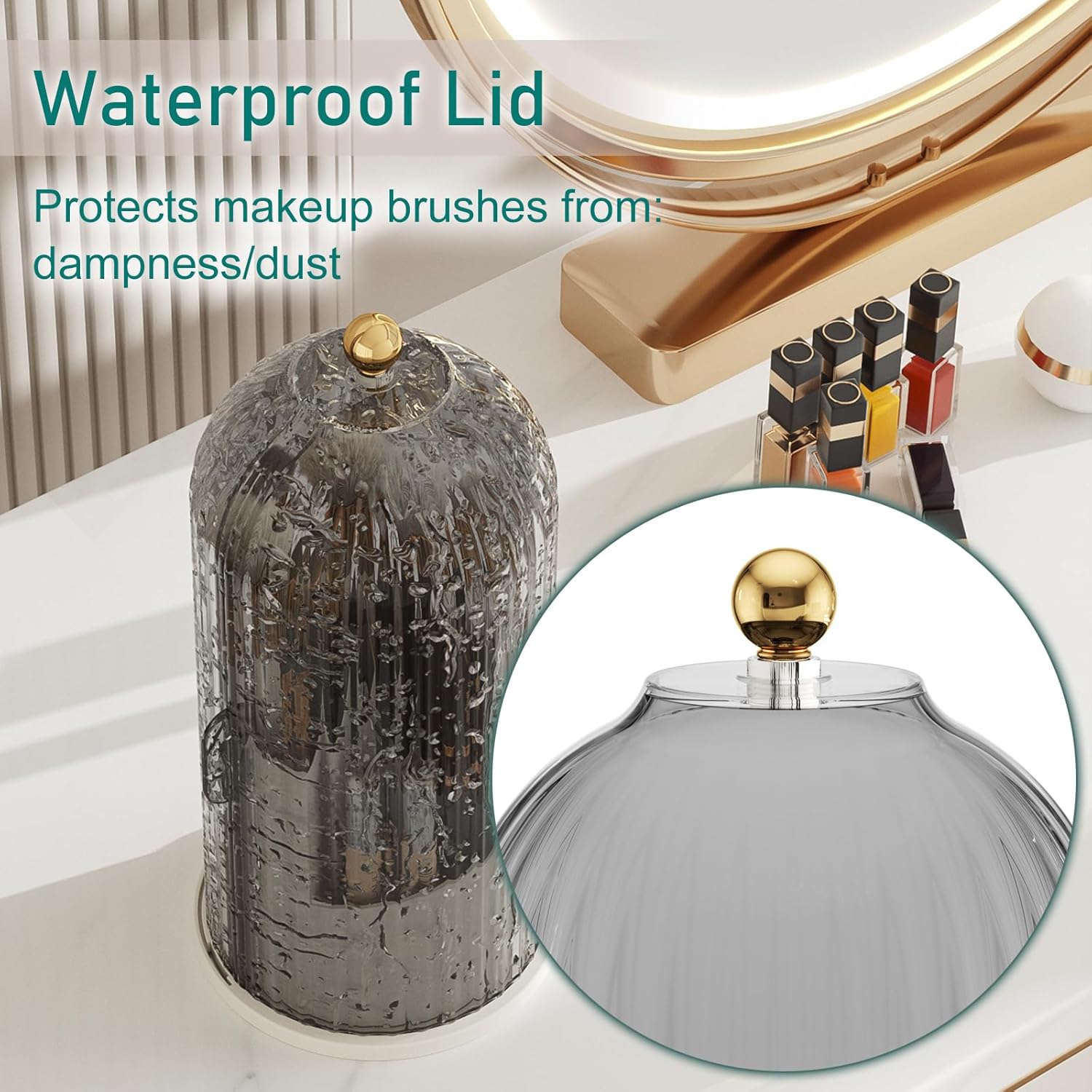 GAXmi Makeup Brush Holder with Lid Cosmetic Tools Organizer 360 Rotating Waterproof Dustproof Makeup Brushes Storage for Vanity, Grey - Image 3
