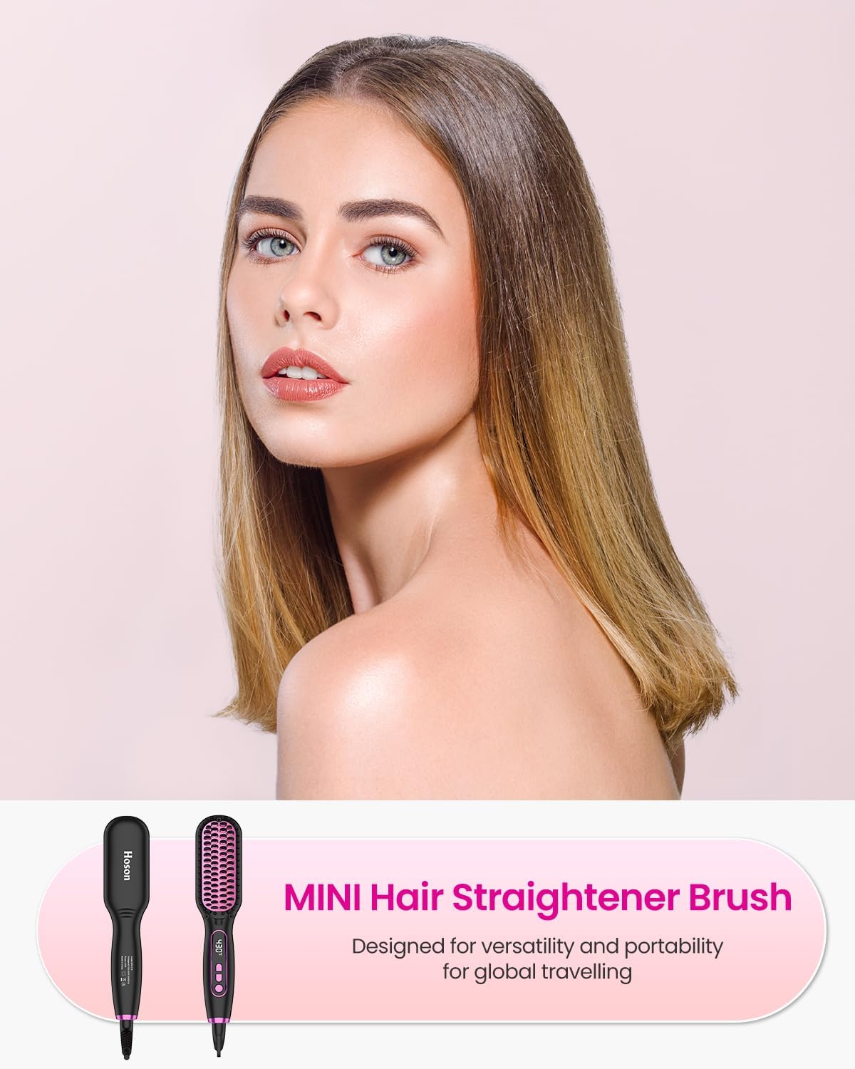 Mini Hair Straightener Brush Travel Size for Women,Dual Voltage Straightening Brush with Ceramic Heated Bristles,Adjustable Temperature&LED Display - Image 7