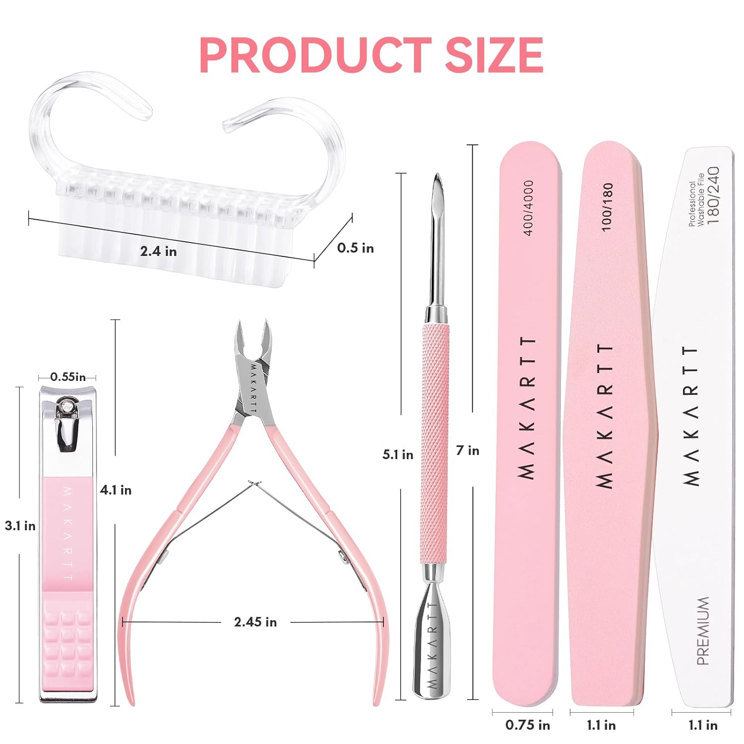 Makartt Nail File and Buffer Set, Pink Basic Prep Kit with Cuticle Clipper, Trimmer, Pusher, Brush, Manicure Care Kit for Natural and Acrylic Nails (7pcs) - Image 6