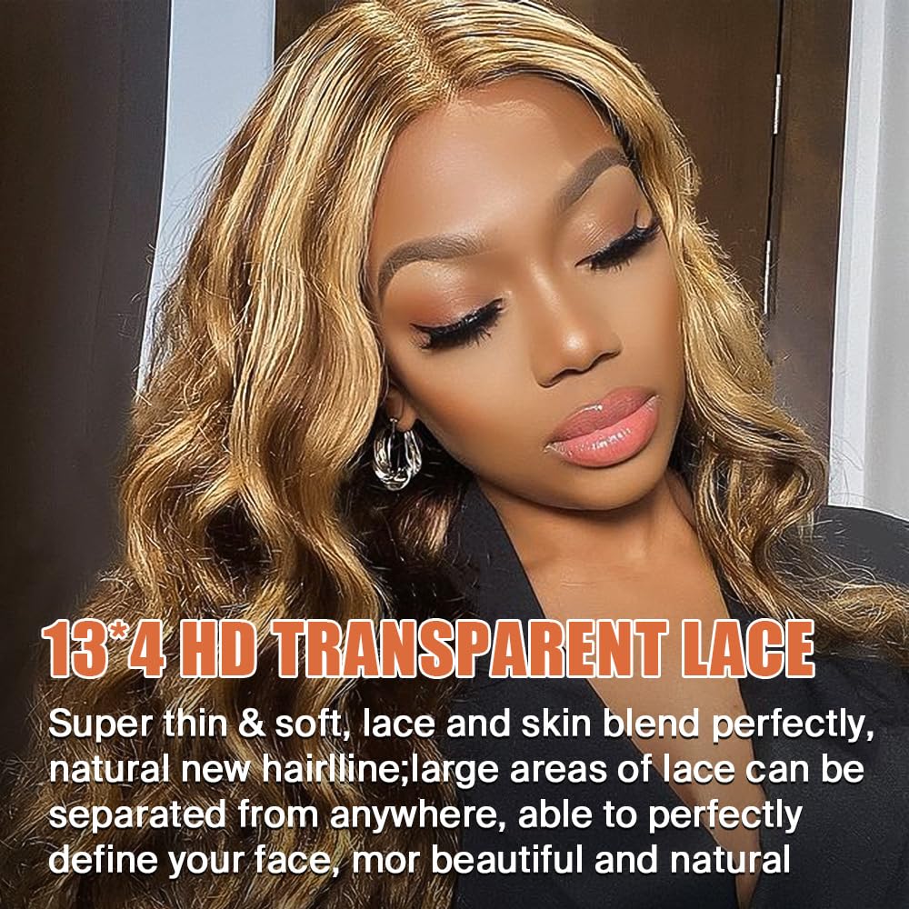 Ombre Lace Front Wig Human Hair 26Inch Highlight Wig Human Hair 13x4 HD Transparent Body Wave 180% Density Honey Blonde Human Hair Wigs for Women Pre Plucked - Image 2