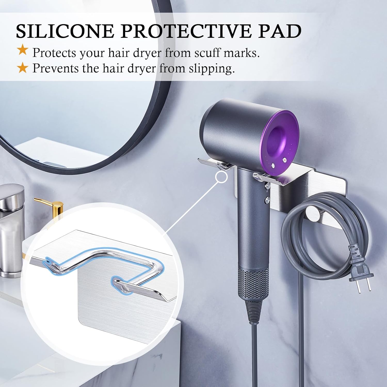 Hair Dryer Holder Wall Mounted, Stainless Steel Blow Dryer Holder, Hair Tool Organizer for Bathroom, Adhesive Hair Dryer Storage Organizer for Wall, Hanger for Hairdryer Blow Dryer - Image 3