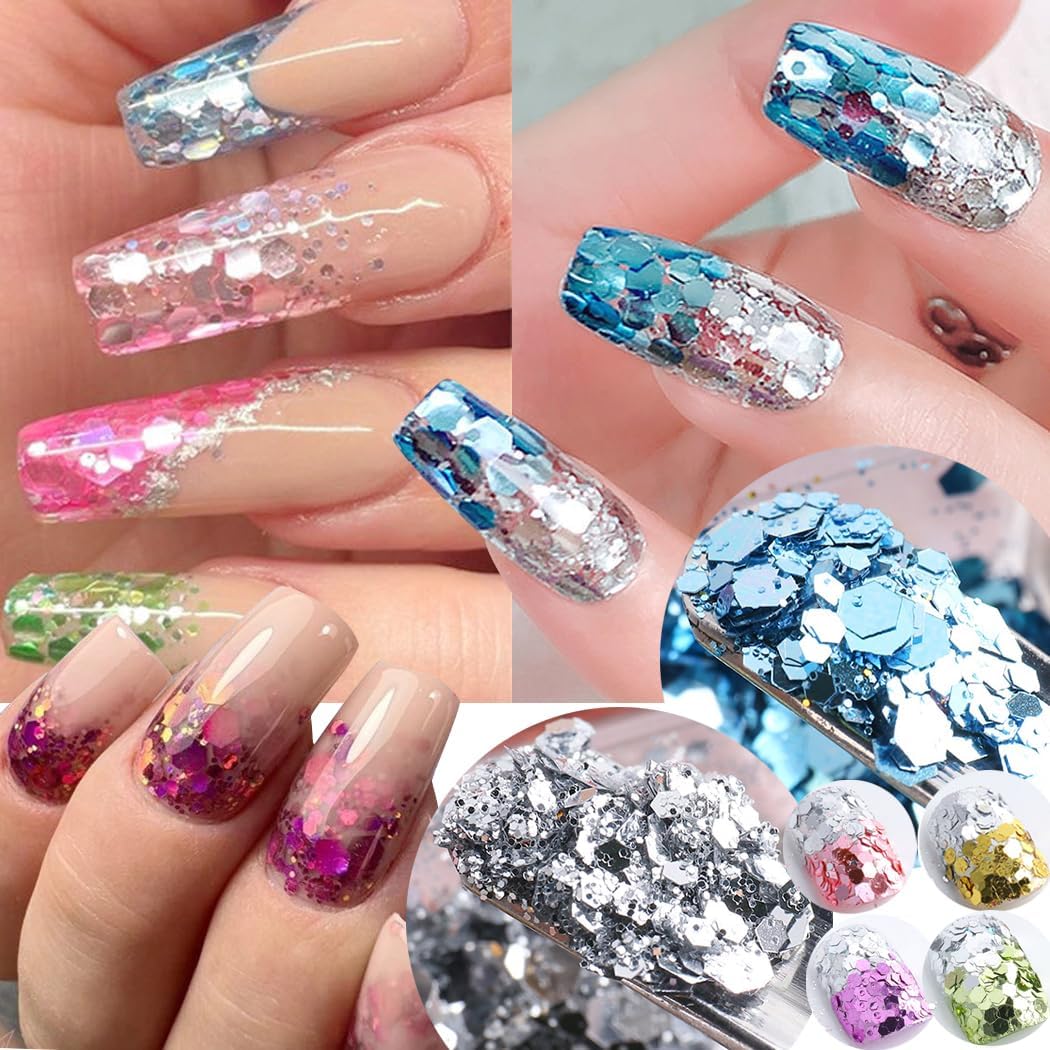 24 Grids Rhombus Hexagon Mermaid Holographic Glitter Nail Art Sequins Silver Colorful Collocation 3D Shiny Flakes Acrylic Supplies Glitter Accessories Mirror Gradient Effect Nail Art Design - Image 6