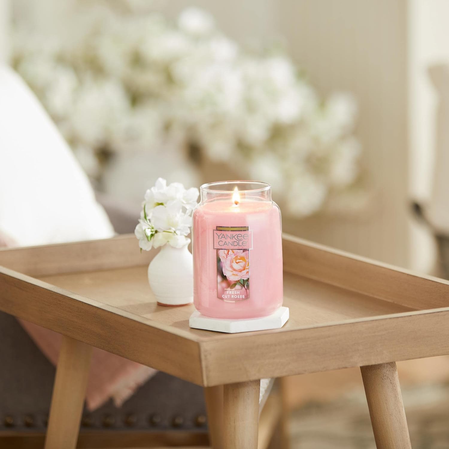 Yankee Candle Fresh Cut Roses Scented Premium 22oz Single Wick Candle Over 110 Hours of Long-Lasting Aroma Ideal for Home Decor Gifting and Events Classic Large Jar Pink - Image 3