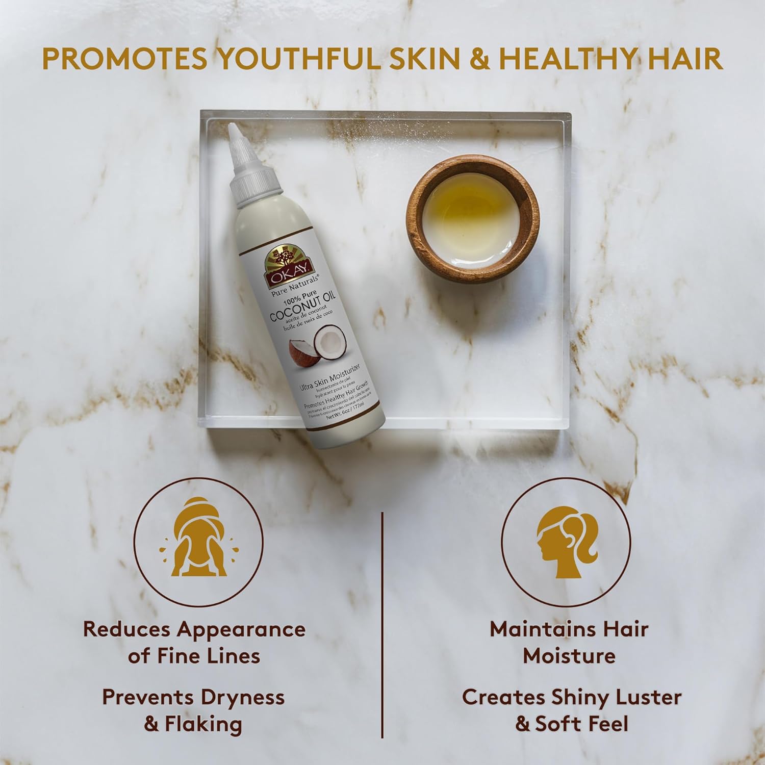 Okay 100% Pure Coconut Oil for Hair & Skin - Coconut Oil for Women & Men, Perfect for Body & Face, for Massage & Moisturizer, Natural - 6 Fl Oz Squeeze Bottle (Pack of 1) - Image 3