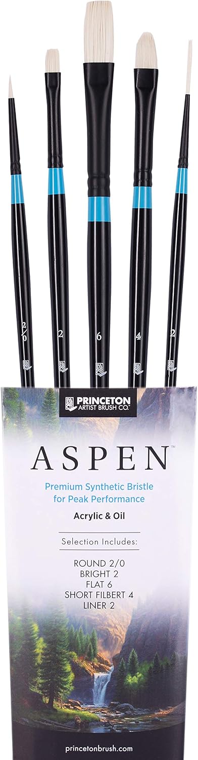 Princeton Aspen 6500 Series 5pc Professional Paint Brushes for Acrylic Painting - Synthetic Oil, Gouache, and Acrylic Paint Brushes Set - Filbert Striper Flat & Round Set of Art Brush