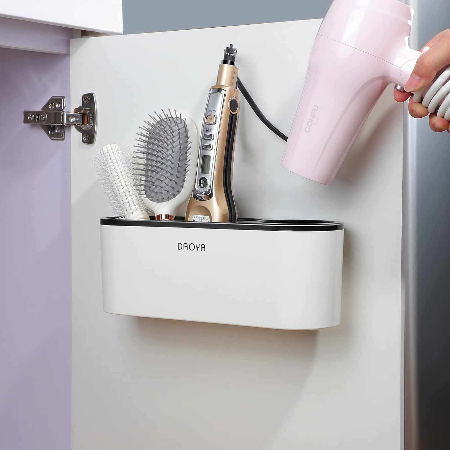 Hair Dryer Holder - White Tool Organizer Blow Cabinet Door, Bathroom Curling Iron for Straightener Styling Tools Storage - Image 3