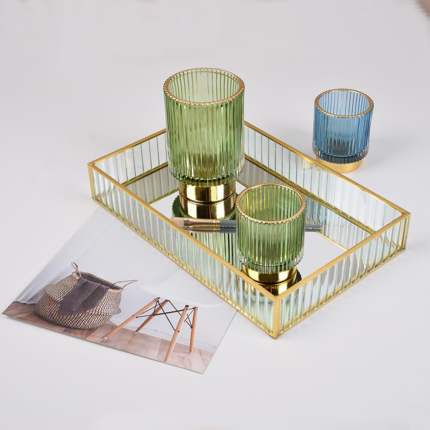 Vintage Makeup Brush Holder Organizer,Dresser Glass Brushes Holder,Vanity Cosmetic Brush Holder,Desktop Crystal Eyeliners Eyebrow Pencil Storage Cup Holder for Countertop (Large Green) - Image 7