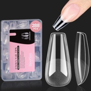 Beetles Gel Nail Tips Medium Coffin Etch X Nail Tips, 12 Sizes 288Pcs Pre Shaped Half Matte Press On Nails Full Cover False Nails for Pastel Spring Nails Acrylic Fake Nails Nail Extensions Kit