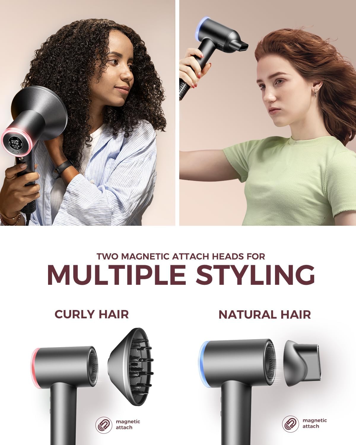 Hair Dryer with Diffuser, Professional High-Speed Blow Dryer, Negative Ionic Hair Dryers for Women, 110,000 RPM Fast Drying, 5 Temps & 3 Speeds, with HD Digital Screen & Carrying Case, Gray - Image 6