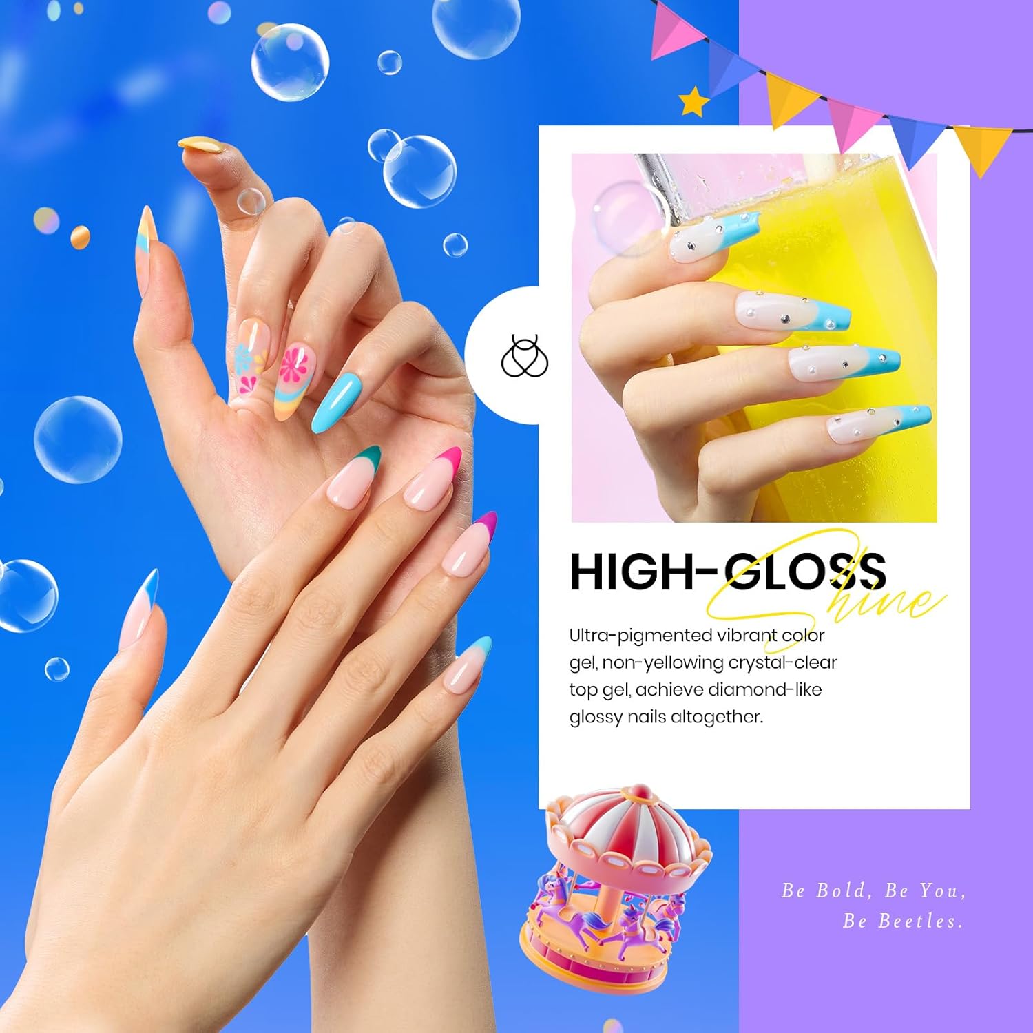 Beetles Gel Nail Polish Set- 23Pcs Summer Color Gel Polish with Base Gel Top Coat Bright Colors, Gel Polish Kit Blue Pink Purple Orange Green Glitter Soak Off Uv Led Trendy Rainbow Nail Art - Image 4