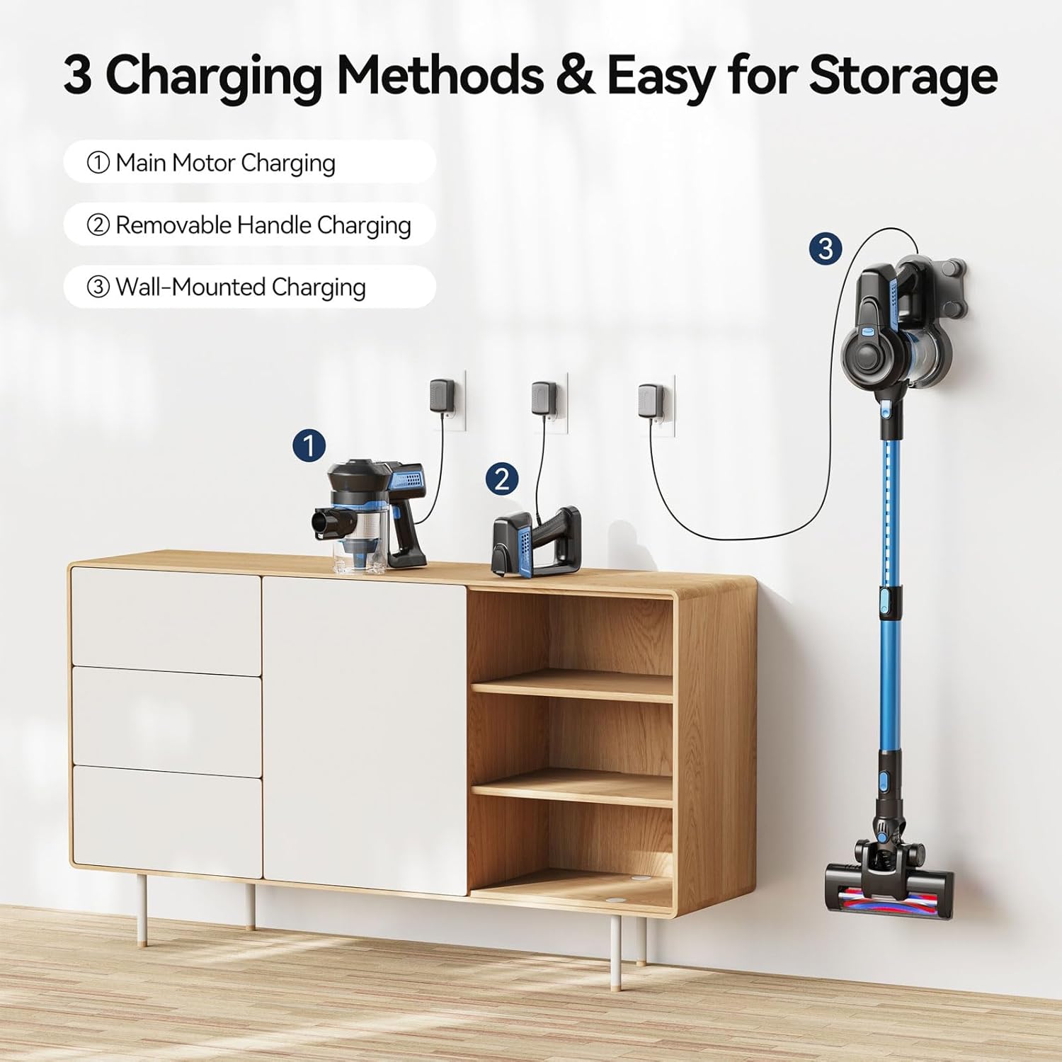 Cordless Vacuum Cleaner for Home, Stick Vacuum Cleaner Poweful, Rechargeable Vacuum Battery Up to 45 Mins Runtime, Lightweight Vacuum Handheld Househeld for Carpet, Floor, Pet Hair-Blue - Image 7