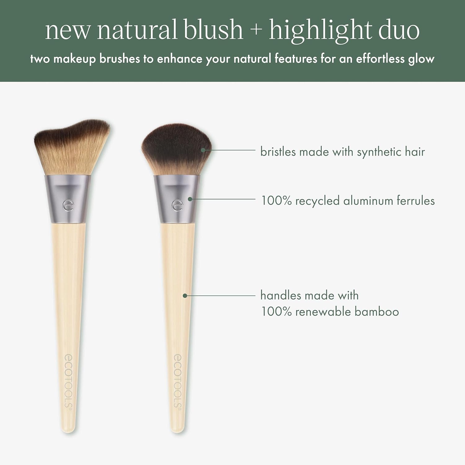 EcoTools Blush + Highlight Brush Duo, Makeup Brushes For Liquid, Cream, & Powder Highlight & Blush, Enhance Natural Skin, Eco-Friendly Makeup Brush Set, Synthetic Bristles, 2 Piece Set - Image 2
