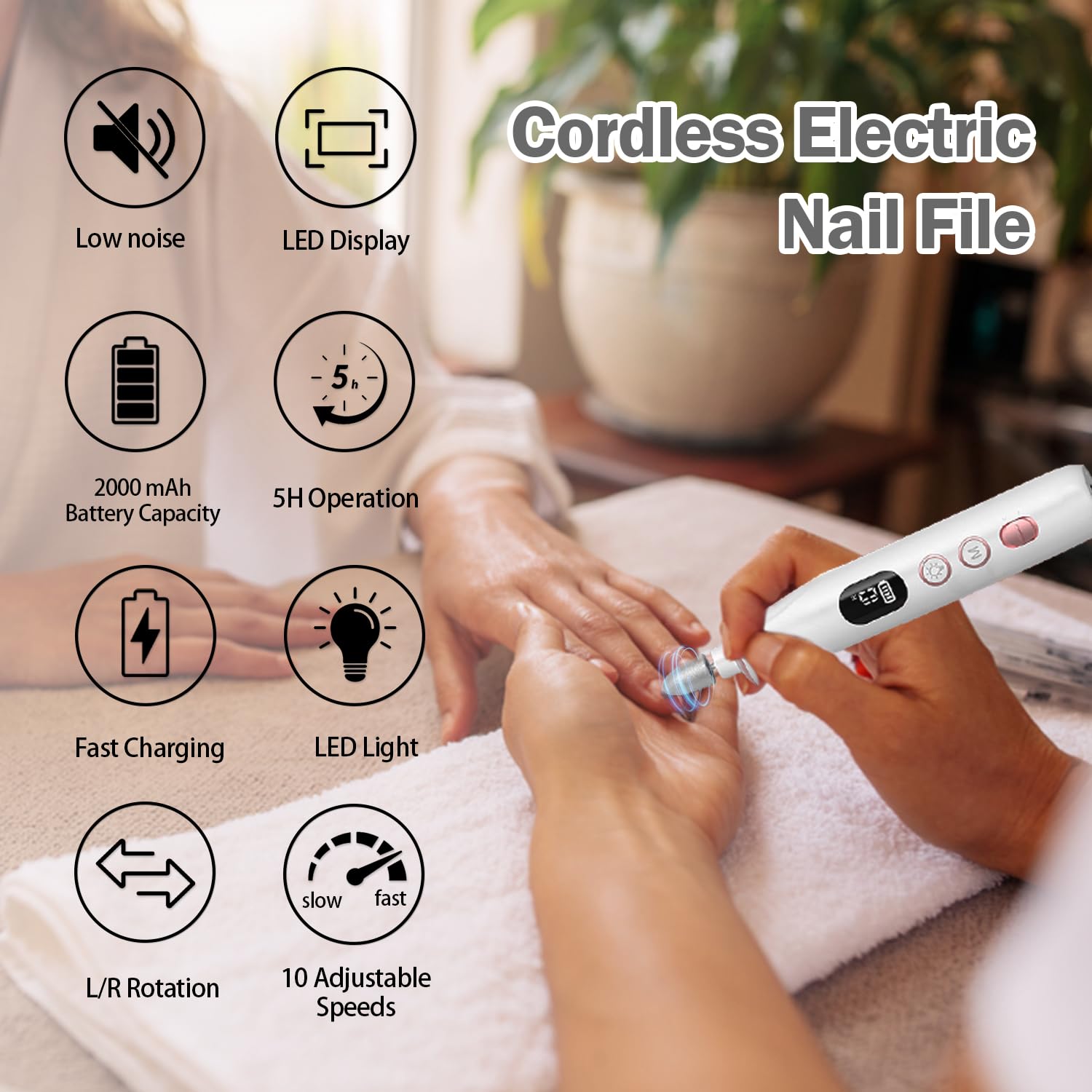 Nail Drill Electric Nail File, with 120*Sanding Bands - 10 Speeds Cordless Manicure Pedicure Kit with LED Light, Portable Nail Drill for Natural & Acrylic Nails, Human & Pet Thick Toenails (White) - Image 2