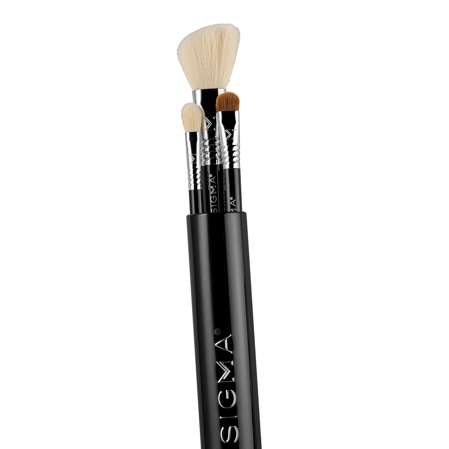 Sigma Beauty Travel Essential Trio - Makeup Brush Set for Foundation Powder Eyeshadow - 3 Tool Brushes with Brush Tin Holder - Skin Safe, Vegan Makeup Brushes for Travel - Black - Image 2