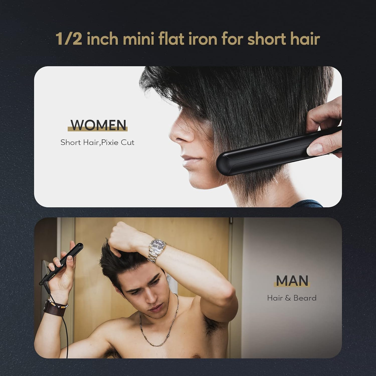 Terviiix Mini Flat Iron for Short Hair Temperature Adjustable, 1/2 Inch Mini Small Portable Ceramic Travel Hair Straightener for Men, Black - Image 2