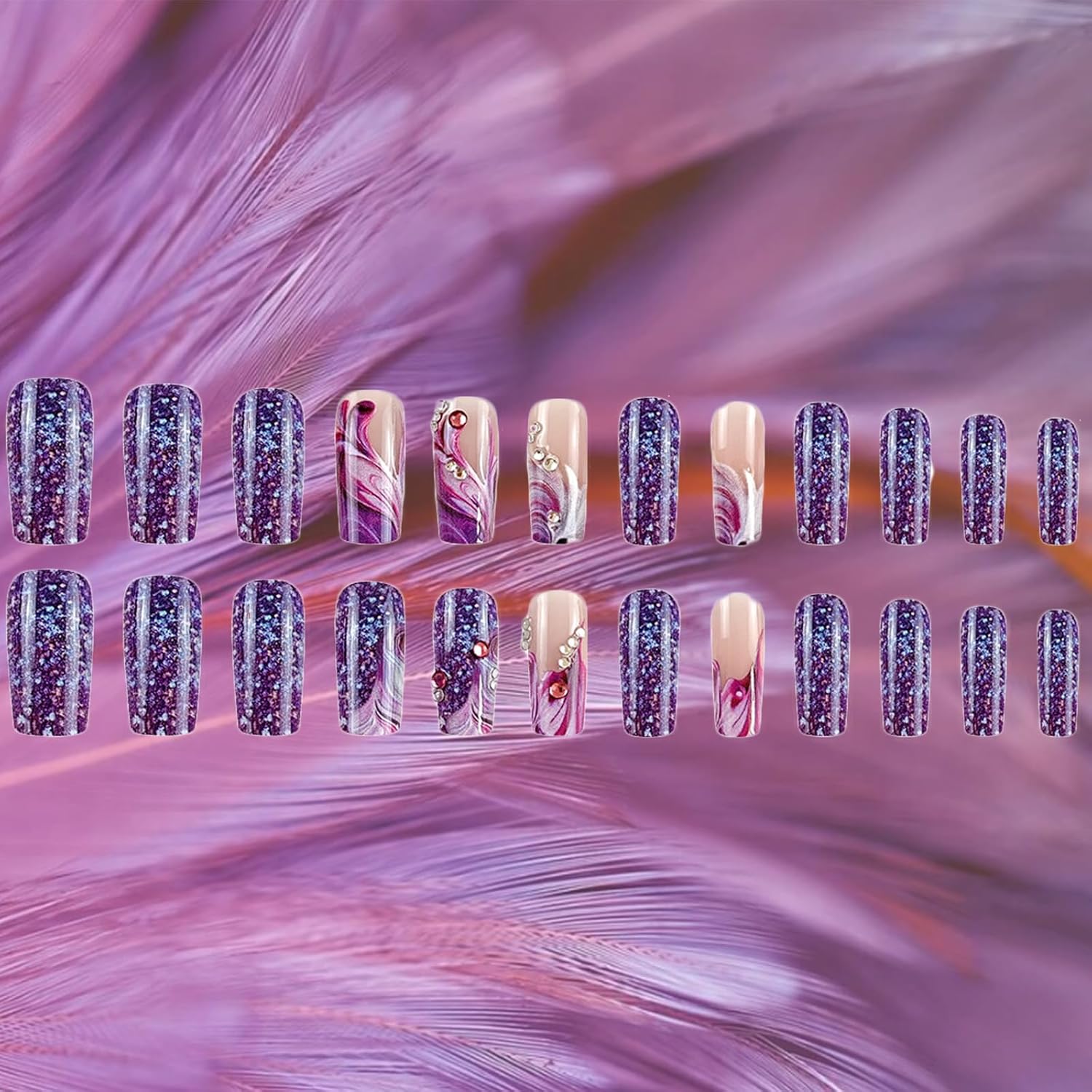 24Pcs Purple Press on Nails Medium Square Fake Nails with Rhinestone Designs Spring False Nails Purple Glitter Acrylic Nails Glossy Glue on Nails Full Cover Stick on Nails for Coquette Women - Image 4